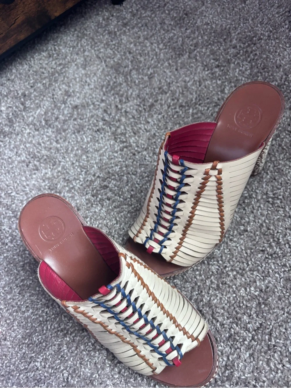 Tory Burch Cream Braided Leather Mules with Navy & Red Accents